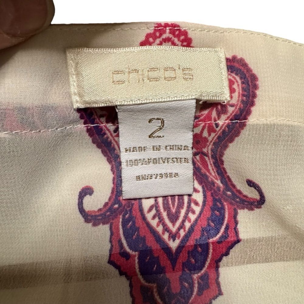 Chico's Women's Semi Sheer Paisley 3/4 Sleeve Purple White Tunic Size 2 (Medium) - Picture 7 of 10